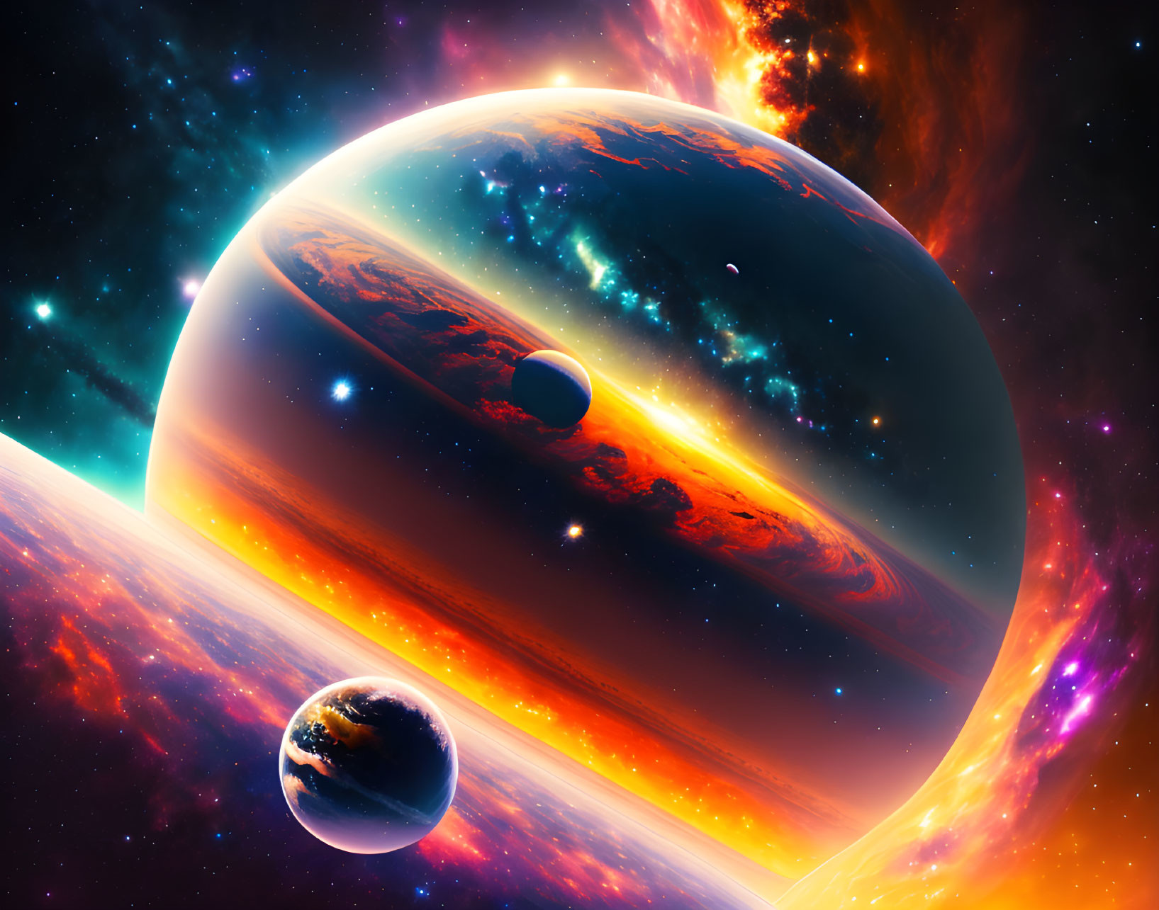 Colorful space scene with fiery planets and bright stars against nebula backdrop