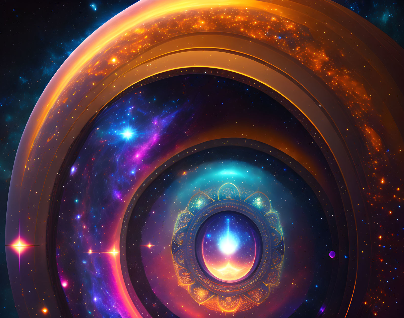 Colorful digital artwork: Cosmic mandala in fiery space.