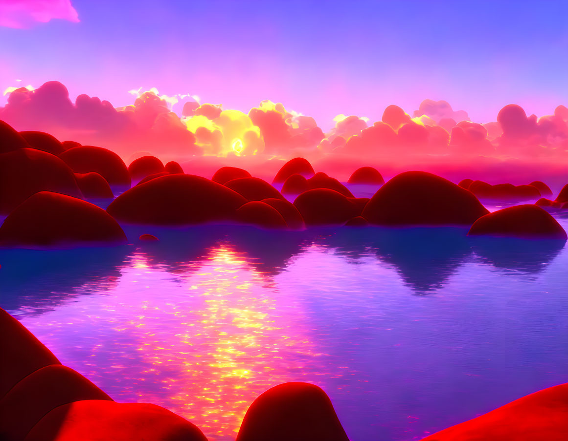 Vivid pink and blue surreal landscape with serene lake and golden sunset