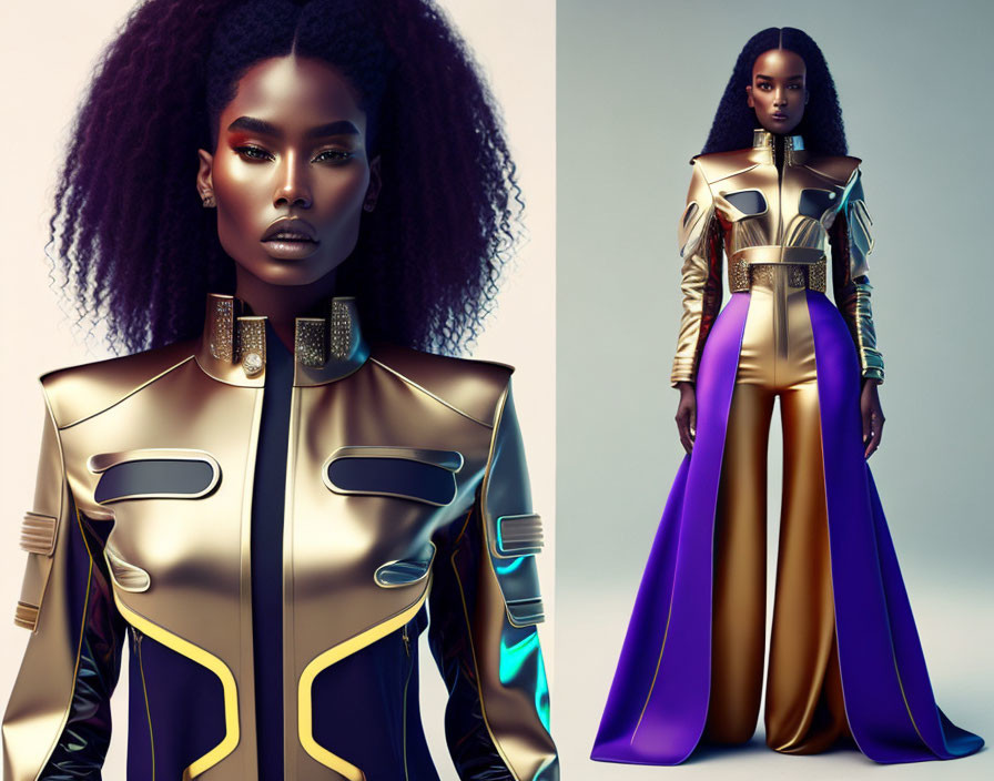 Avant-garde gold and navy outfit with sci-fi influences on woman with voluminous curly hair