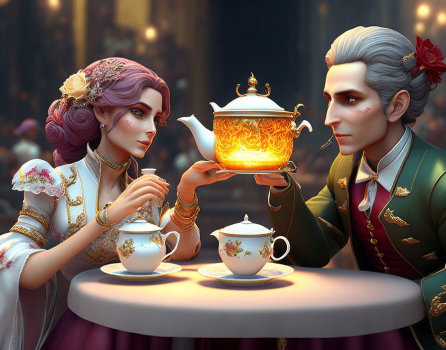 Regal couple in animated image pouring glowing liquid from teapot on elegant table