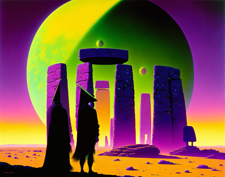 Futuristic sci-fi landscape with moons, monolithic structures, robed figure, and alien flora