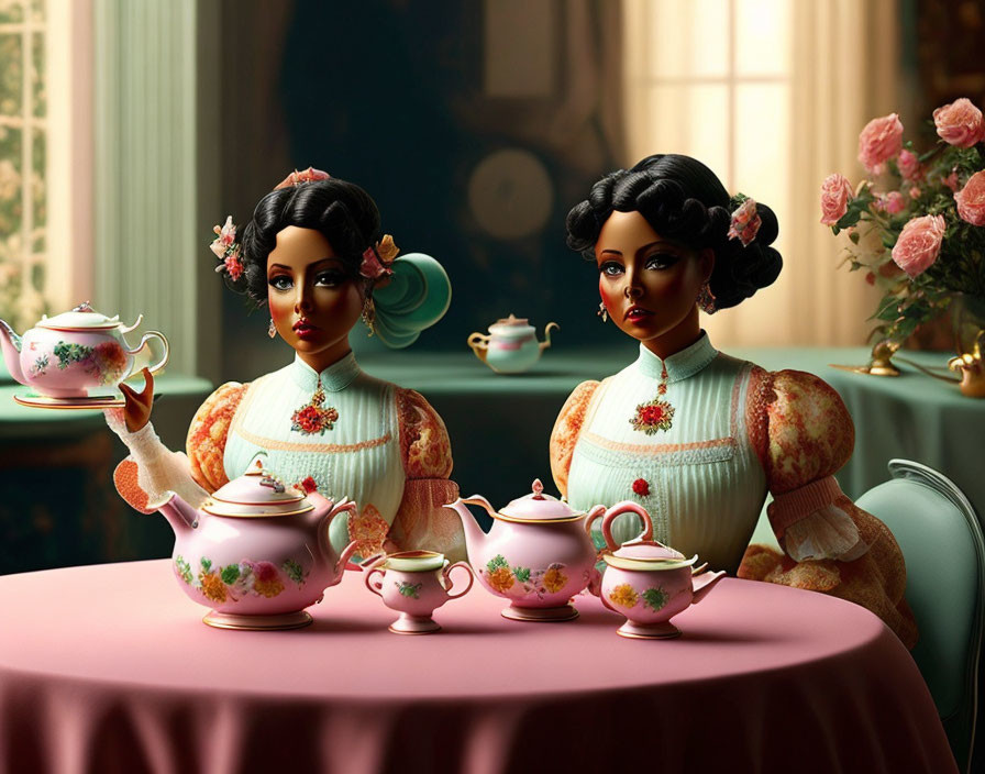 Victorian-style dolls in elaborate dresses at tea table with roses