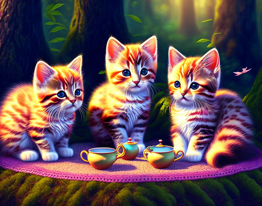 Colorful Kittens with Striking Eyes on Purple Mat in Forest Setting