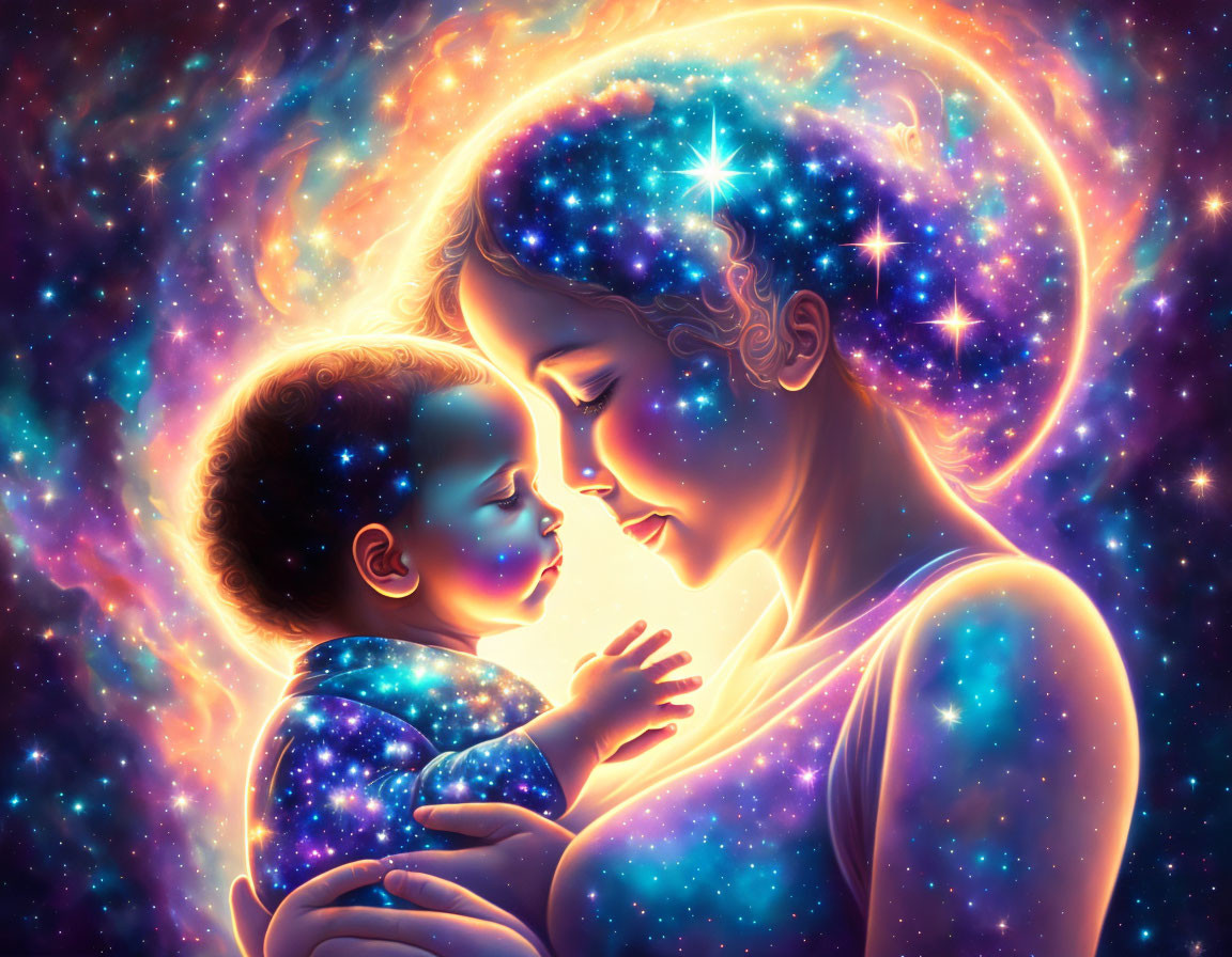 Mother and child embrace in cosmic space scene