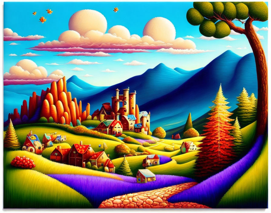 Colorful landscape with castle, hills, houses, trees, and clear sky