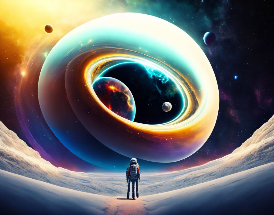 Astronaut on barren landscape gazes at vibrant vortex of planets in colorful space scene