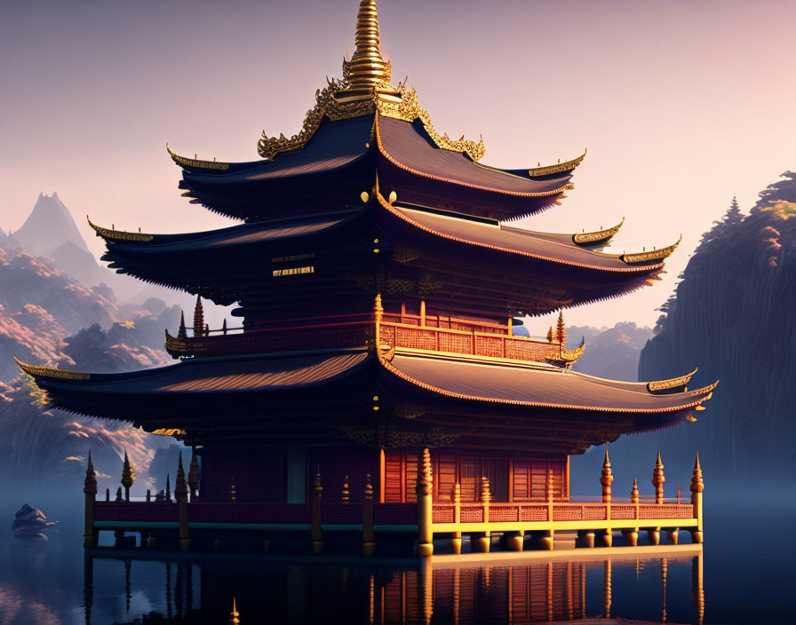 Sunset view of multi-tiered pagoda by tranquil lake with mountain backdrop