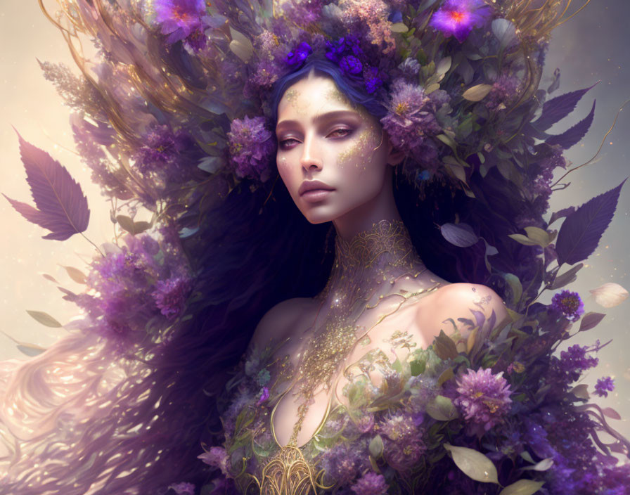Ethereal woman with floral hair adornments and golden filigree in mystical setting