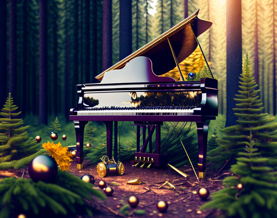 Grand Piano in Forest with Festive Ornaments and Soft Lighting