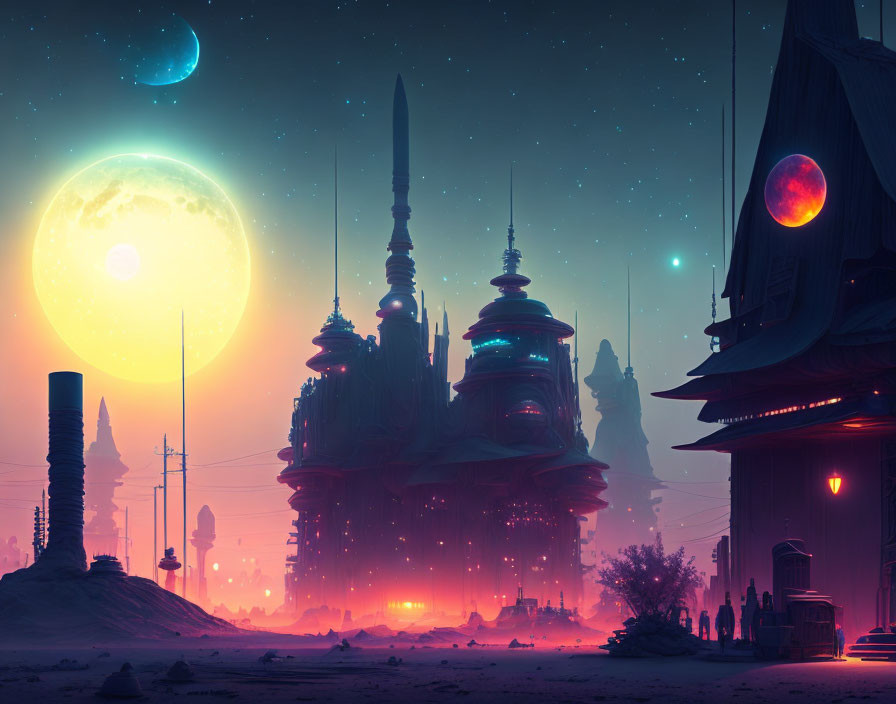 Futuristic night cityscape with towering spires, moon, planets, neon lights, and sil