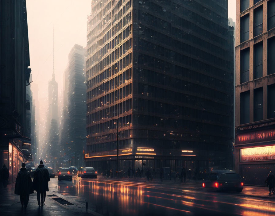 Urban Dusk Street Scene with Misty Reflections