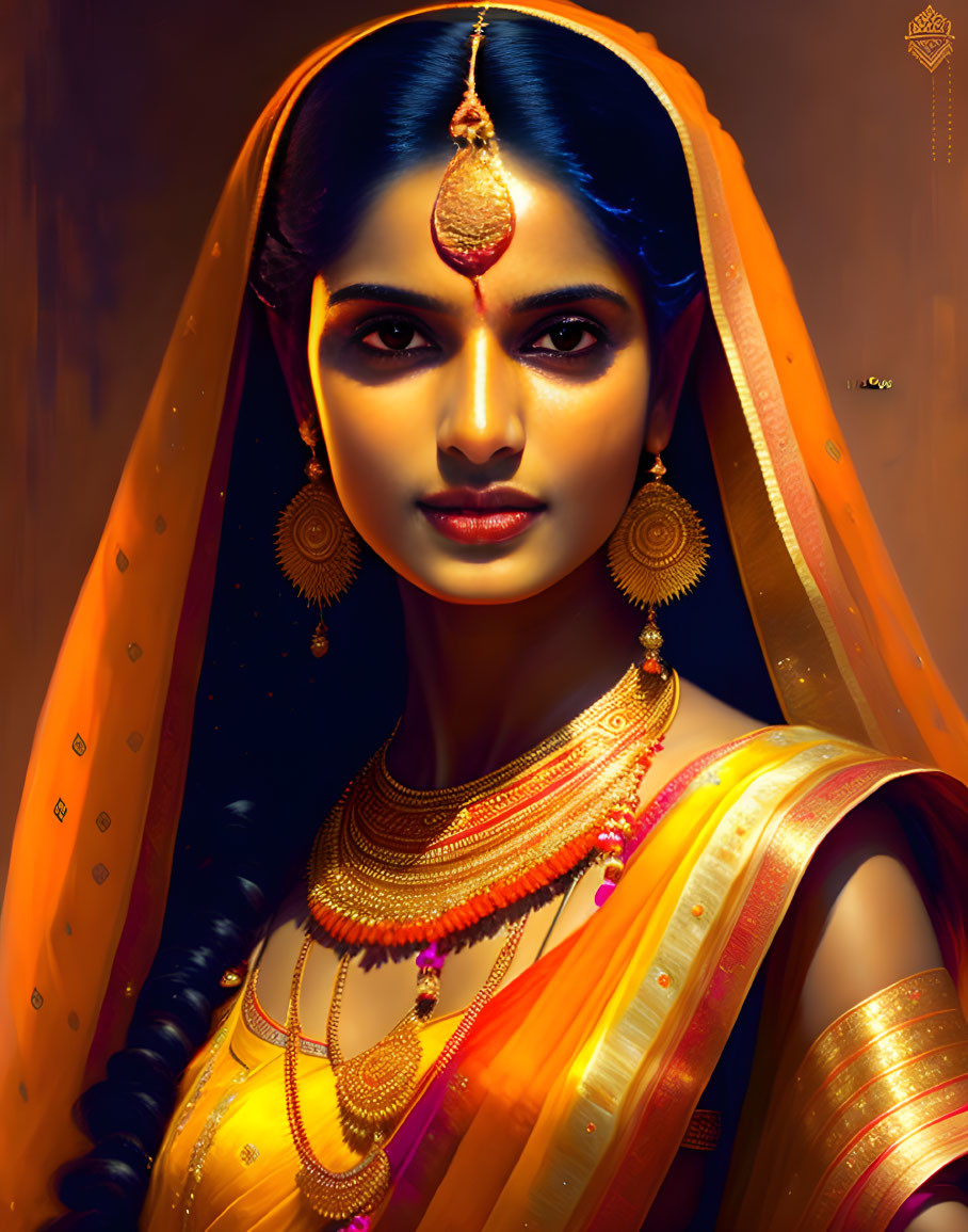 Traditional Indian Attire Woman with Gold Jewelry and Orange Sari