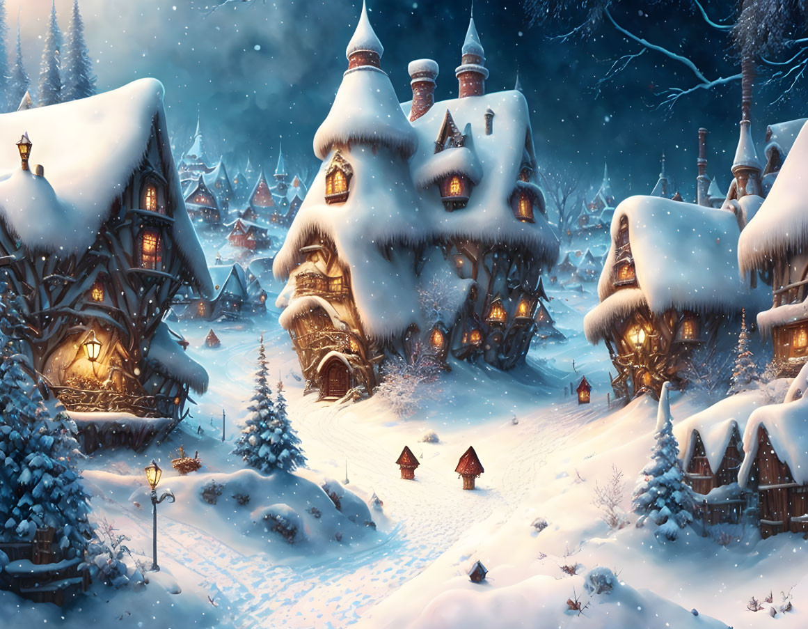 Snowy Village Night Scene with Illuminated Houses & Starry Sky