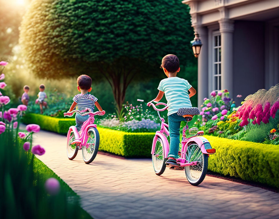 Children riding bicycles in colorful garden setting