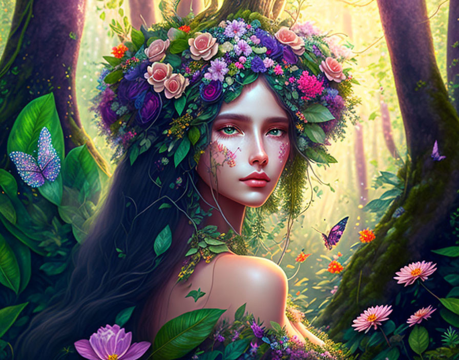 Digital artwork: Woman with floral crown in mystical forest with butterflies