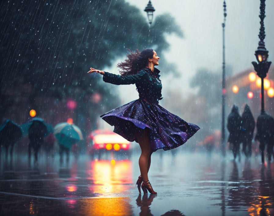 Woman dancing joyfully in the rain on city street at dusk, twirling dress, streetlights &