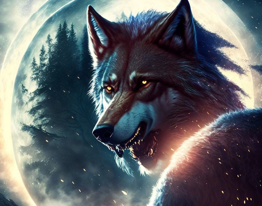 Glowing-eyed wolf snarling under full moon in dark forest