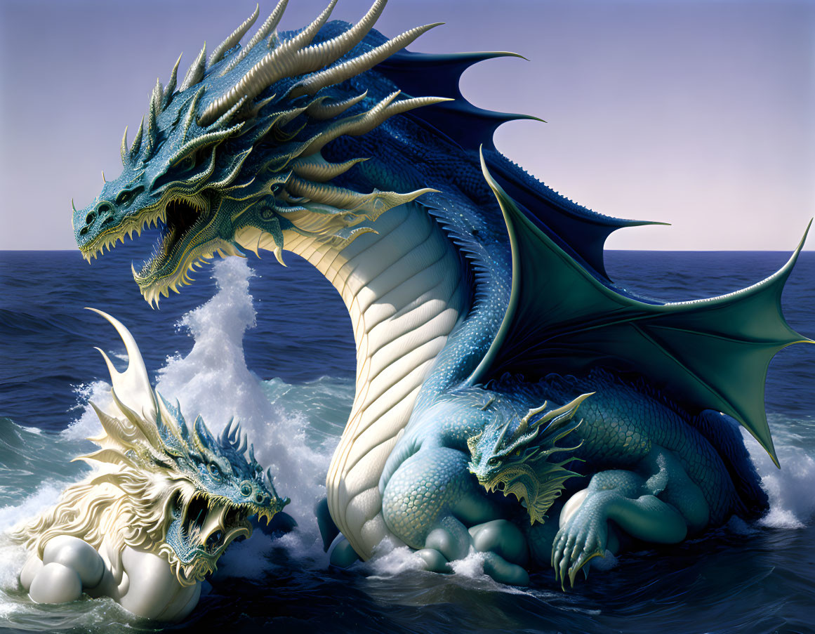 Two majestic dragons in ocean landscape with crashing waves