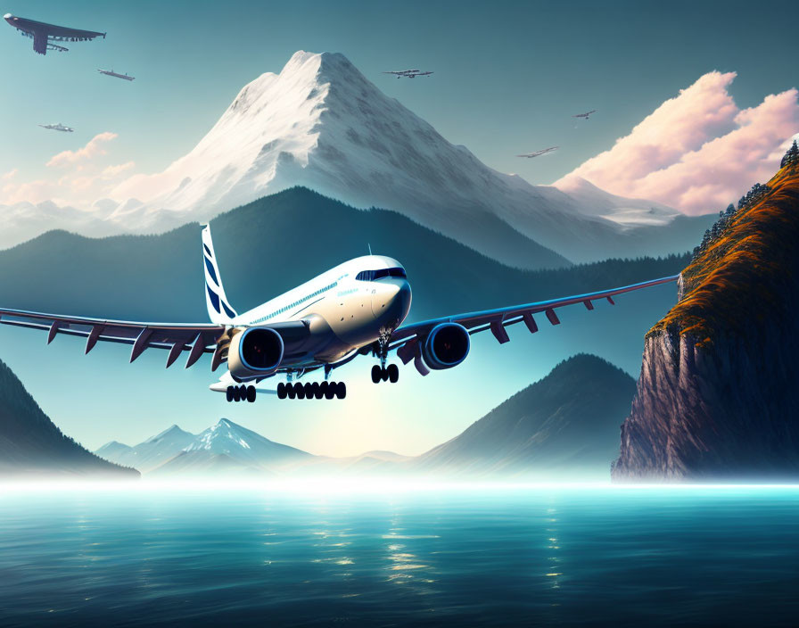 Commercial airplane low over tranquil lake with mountains in background