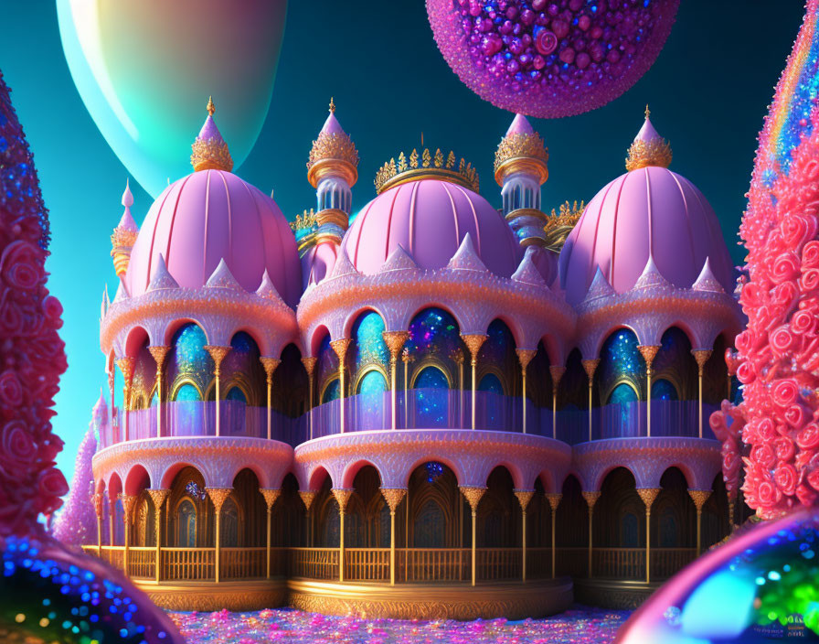 Fantastical palace with pink domes and golden accents in colorful setting