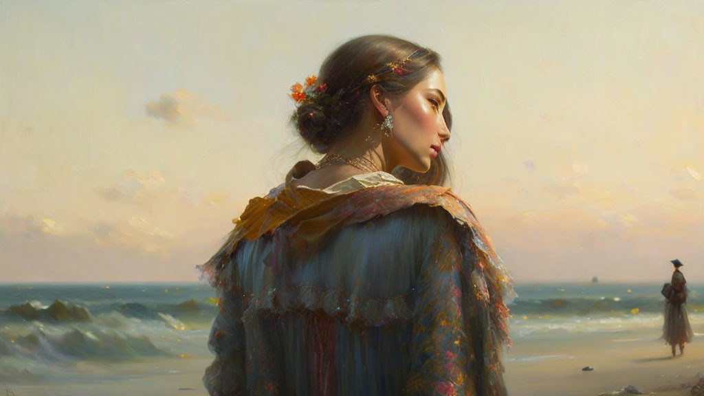 Woman with Flowers in Hair by the Seashore