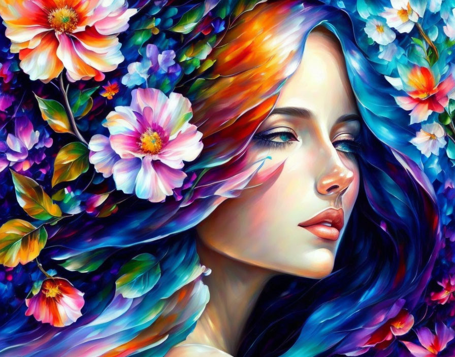 Colorful hair woman surrounded by vivid flowers in vibrant artwork