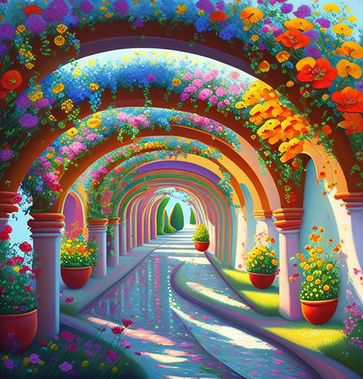 Colorful Pathway with Floral Arches in Fantasy Garden