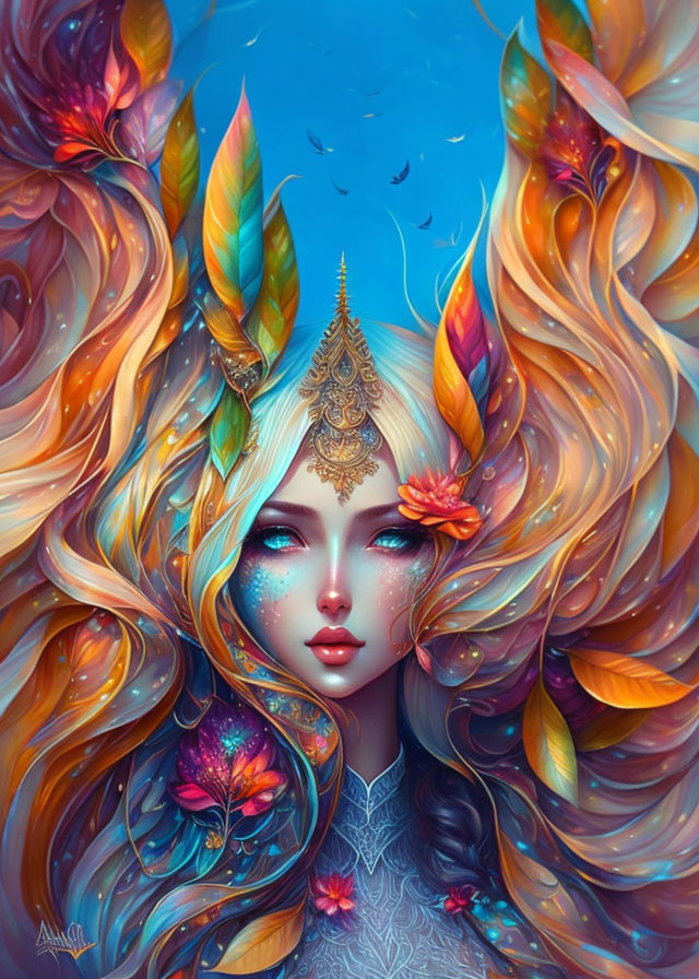 Vibrant fantasy portrait of a woman with colorful hair and ornaments against a blue sky