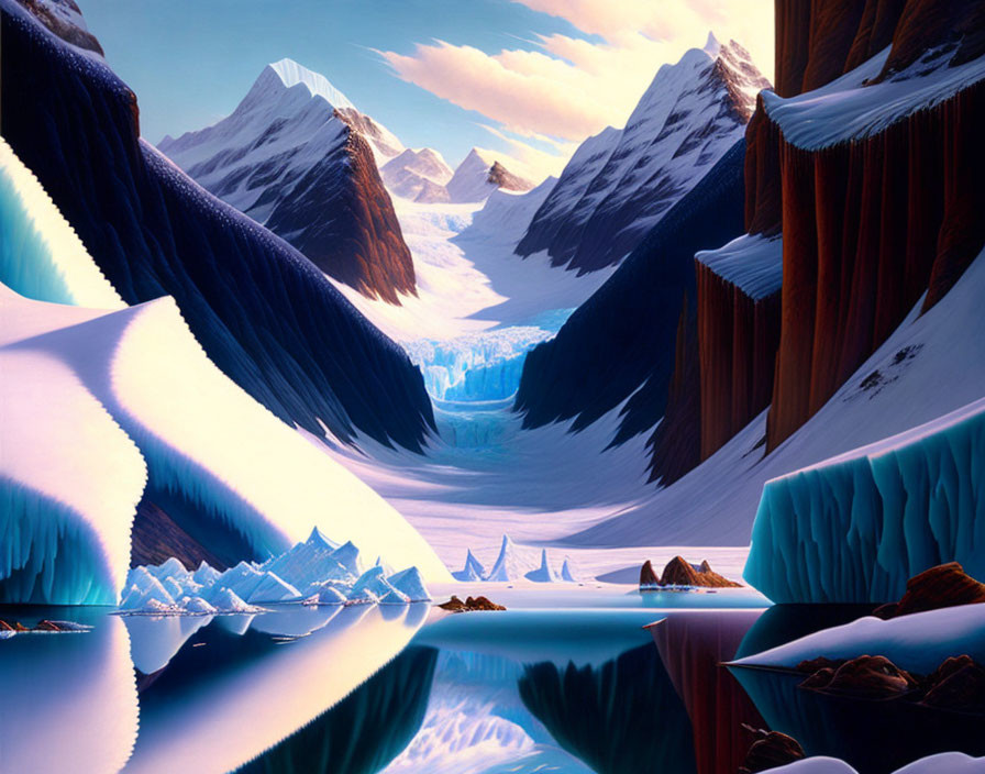 Snow-capped mountains, icy glaciers, and floating icebergs in serene landscape