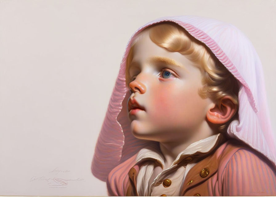 Young child with blonde curls in brown jacket and pink bonnet gazing upward.