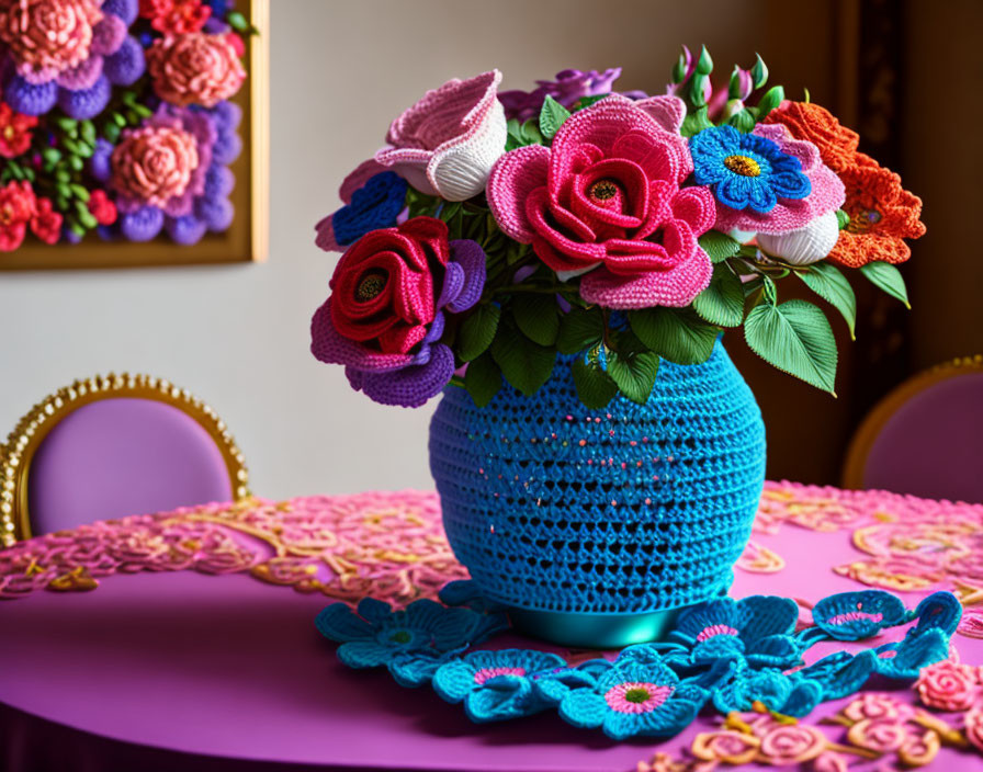 Vibrant crocheted flowers in blue vase on pink tablecloth with handmade decorations