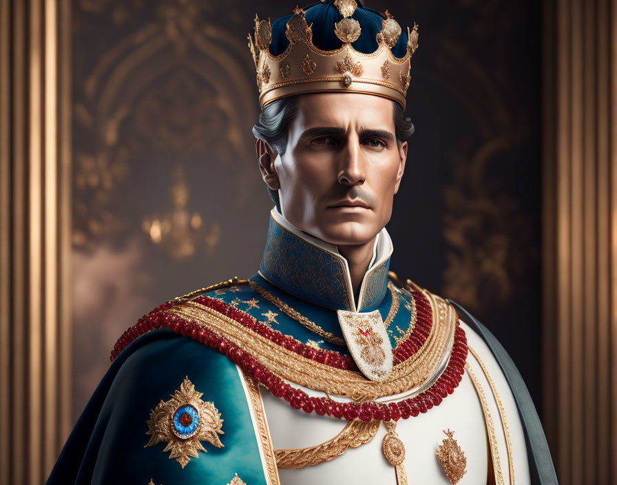 Regal figure in golden crown and military uniform on patterned backdrop