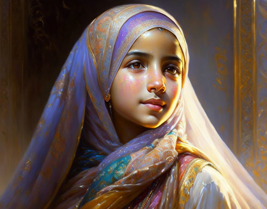 Headscarf-wearing youth in sunlight with intricate attire.