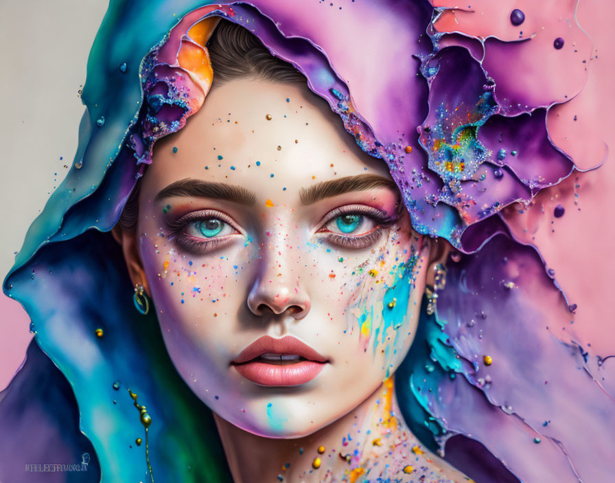 Colorful Abstract Portrait of Woman with Realistic Eyes