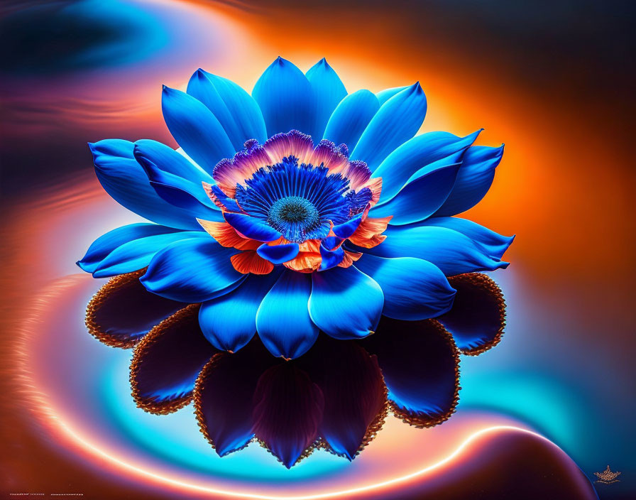 Vibrant blue flower with purple center on abstract orange and blue background