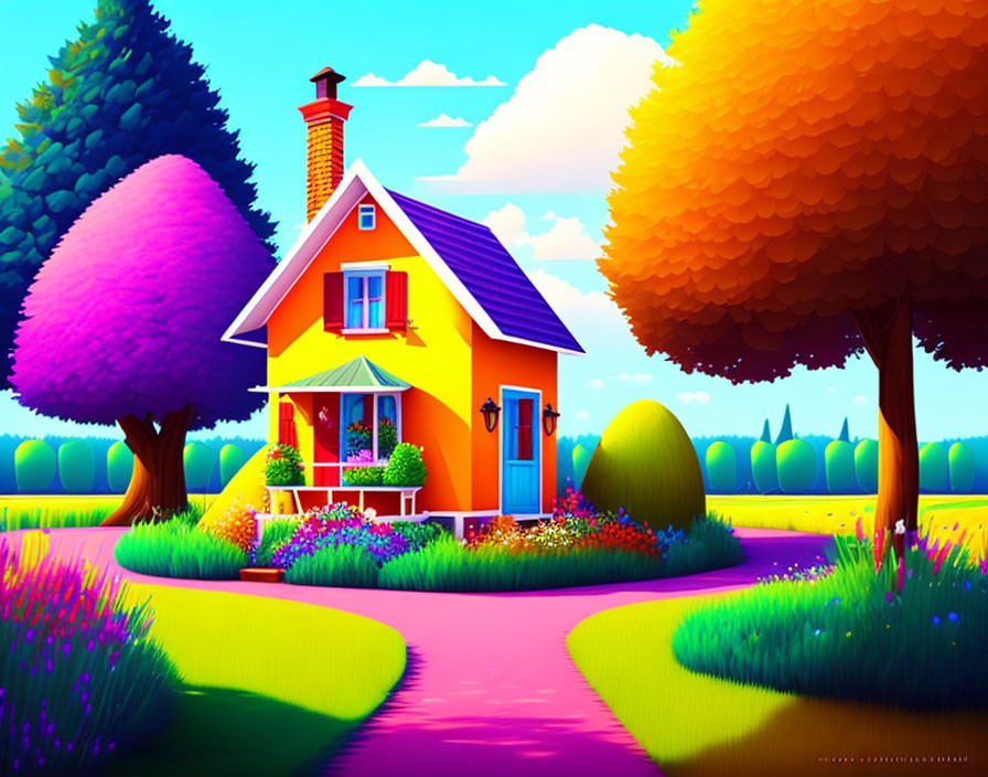 Colorful Cottage Illustration with Red Roof and Whimsical Surroundings