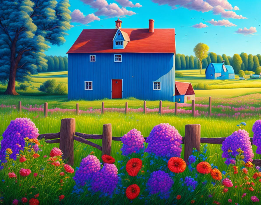Colorful rural landscape with red barn, purple flowers, and blue sky