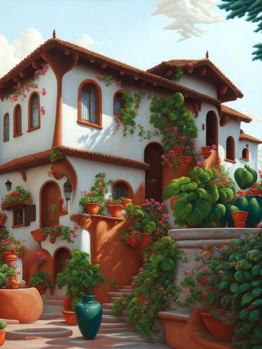 Whimsical illustration of cozy two-story house with green vines and pink flowers