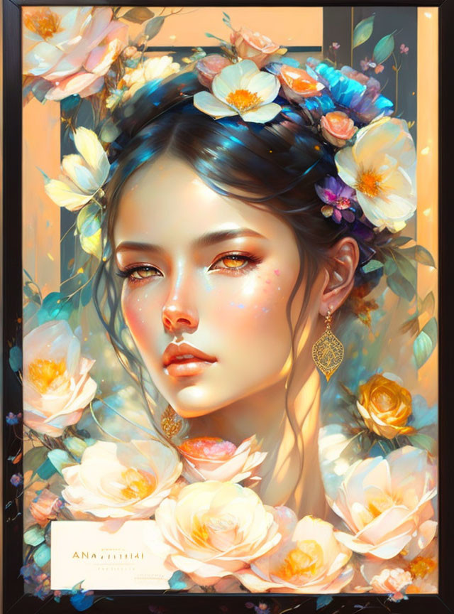 Digital portrait of a woman with striking features and floral adornments.