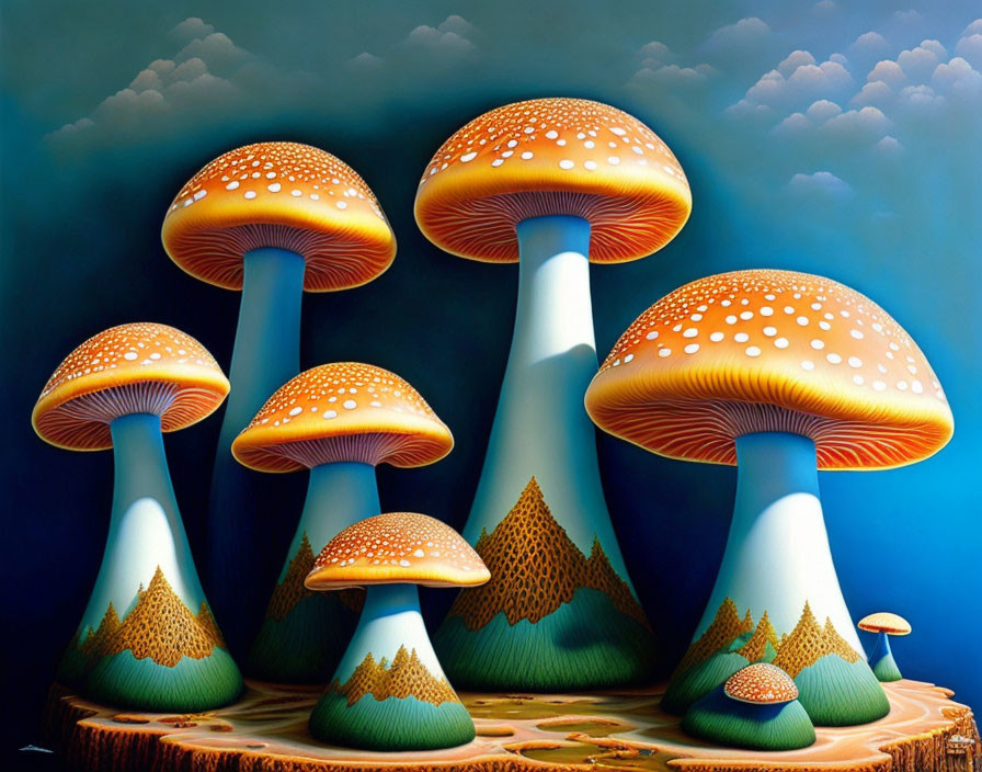 Vibrant illuminated mushroom art on blue background