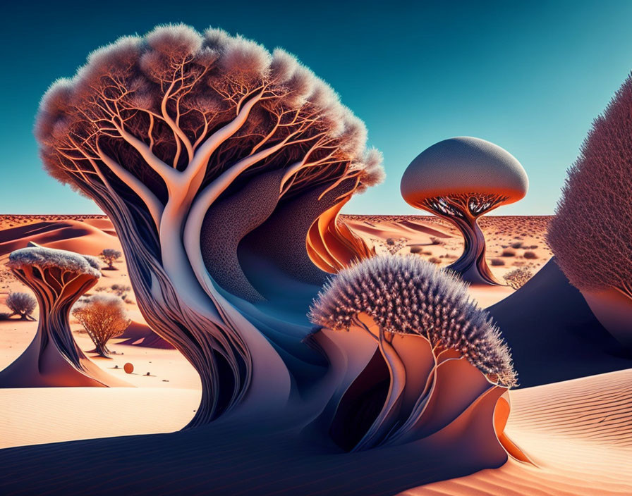 Stylized surreal landscape with curvaceous trees and dunes under clear sky