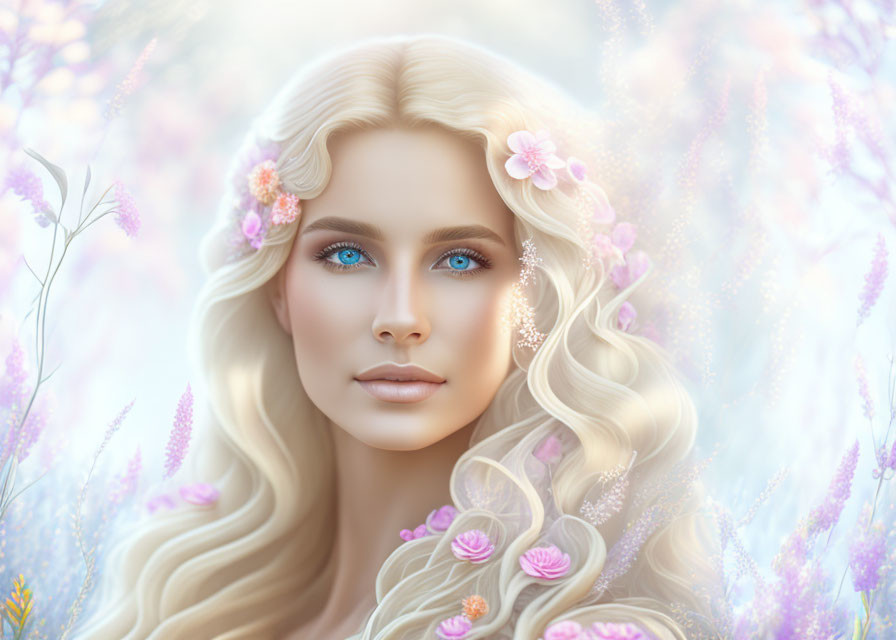 Digital portrait of a woman with long blonde hair and blue eyes surrounded by delicate flowers and pastel backdrop