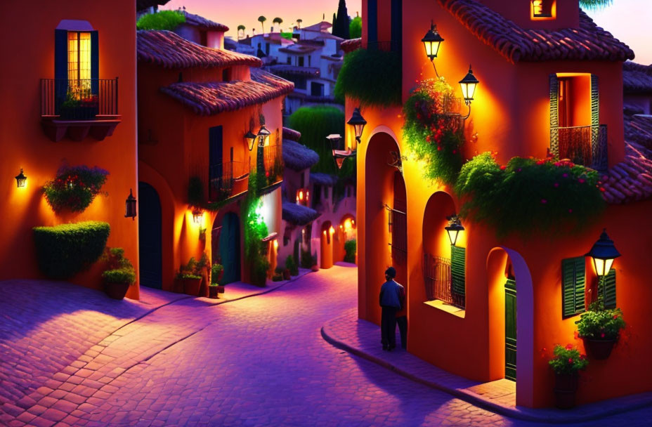 Twilight scene in quaint village with cobblestone street and vibrant bougainvillea