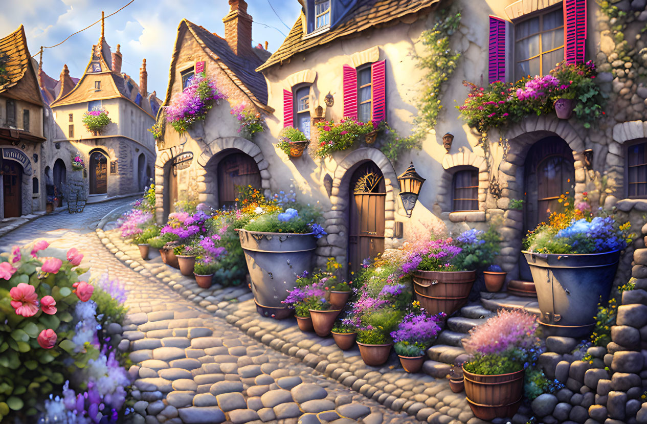 Charming cobblestone street with colorful houses and flowers