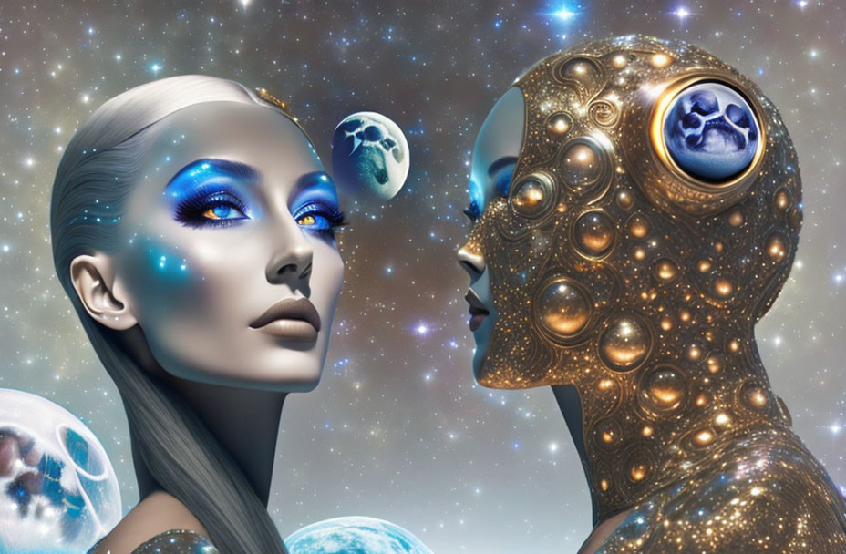 Cosmic-themed female face and intricate robotic head against starry backdrop