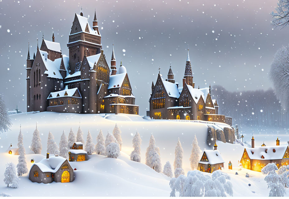 Snow-covered castle in serene winter landscape with illuminated homes under twilight sky