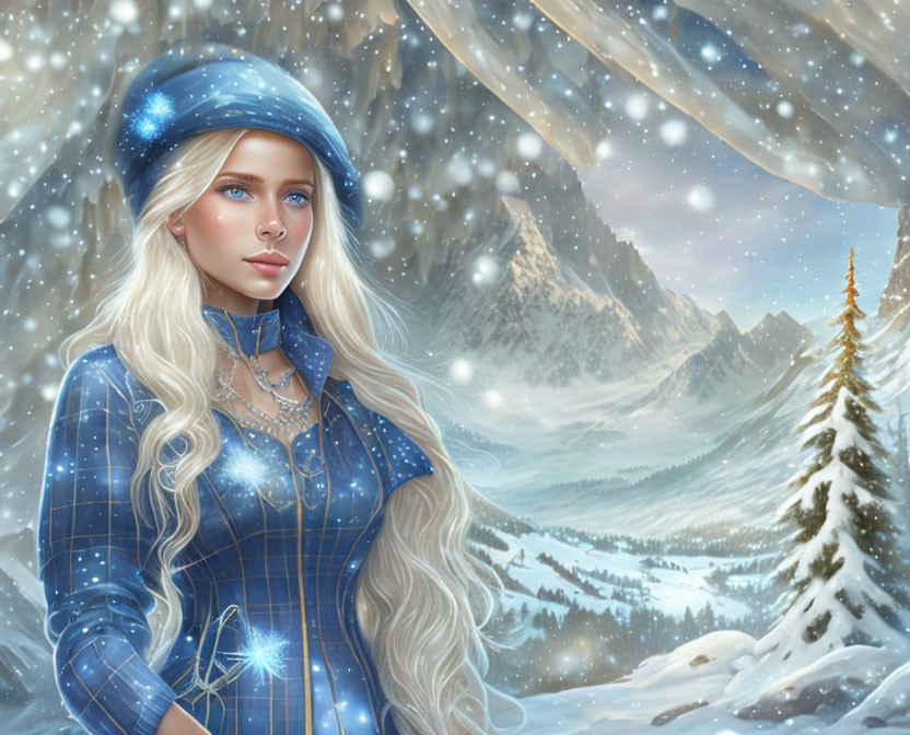 Blonde woman in blue winter outfit against snowy mountain landscape