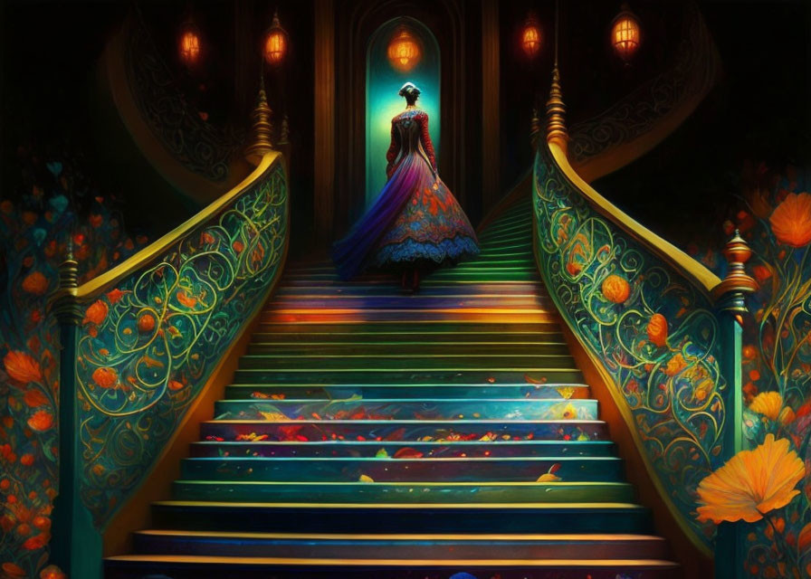 Woman in vibrant dress climbing whimsical staircase with glowing flowers.
