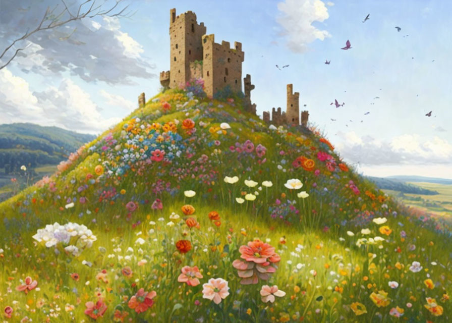 Ancient castle on vibrant hill with wildflowers under vast sky